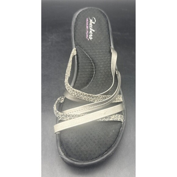Skechers Women’s Open Toe Slip-on Strappy Wedge BLACK SILVER Sandal Heels Sz 9 - Picture 6 of 16